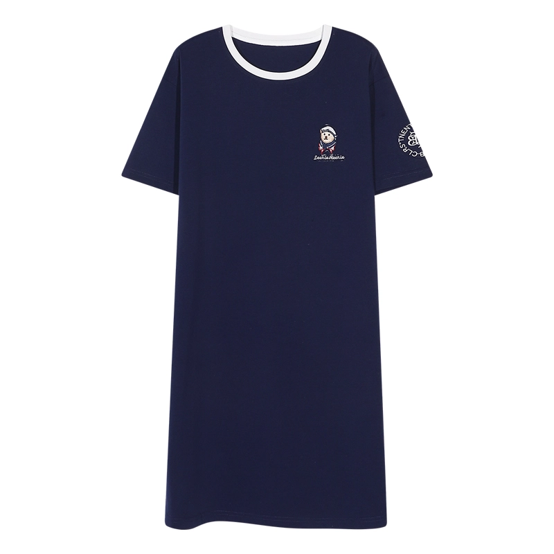 夏芬妍 时尚柔软亲肤海军小熊圆领家居服简约休闲舒适短袖睡衣可外穿睡裙 女款 深蓝色
