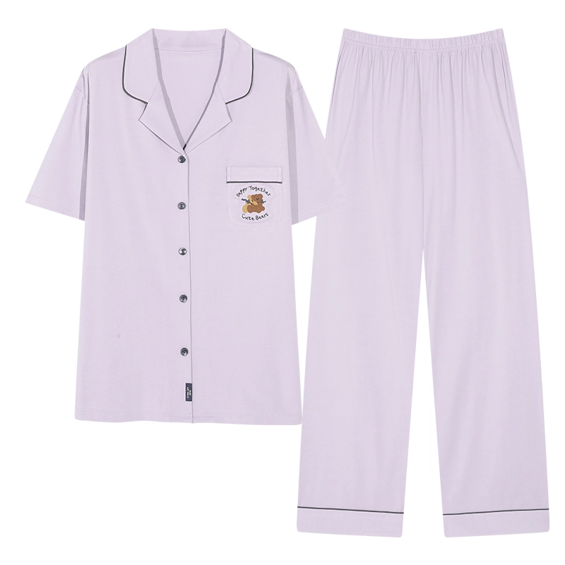 夏芬妍 时尚柔软亲肤戴帽小熊翻领开衫家居服简约休闲舒适短袖长裤可外穿睡衣套装 女款 米黄色