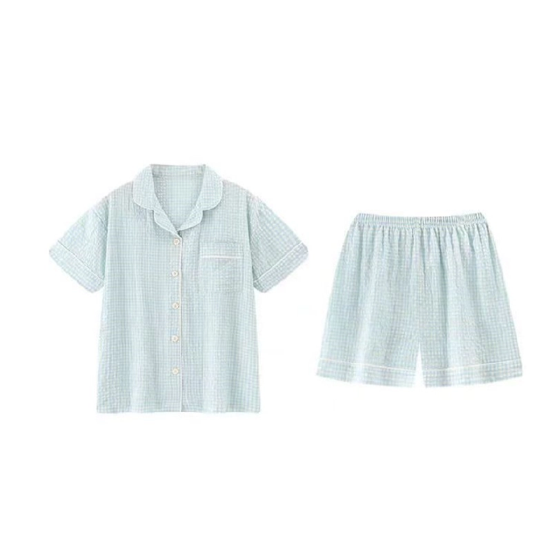 夏芬妍 简约休闲舒适时尚纯色纯棉翻领家居服亲肤宽松短袖短裤可外穿睡衣套装 女款 蓝色