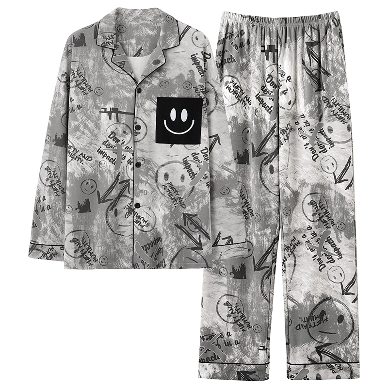 夏芬妍 时尚休闲舒适字母涂鸦笑脸贴袋翻领家居服亲肤宽松长袖长裤可外穿睡衣套装 男女同款 灰色