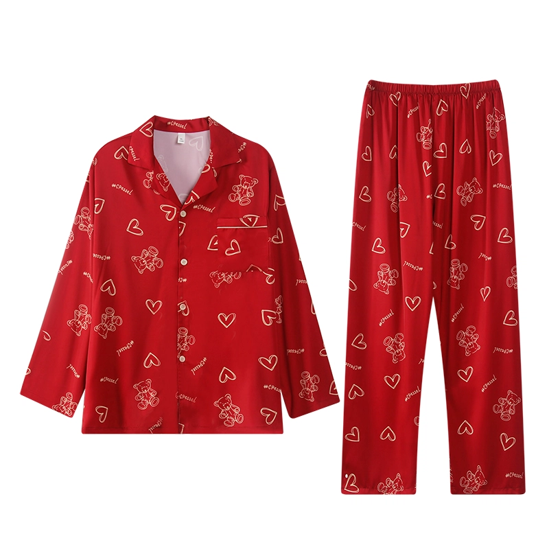 俏薇妮 简约纯色柔软喜庆冰丝爱心高级感长袖长裤家居服宽松舒适休闲透气可外穿春秋睡衣套装 女款 红色