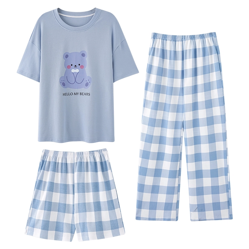 夏芬妍 简约舒适柔软复古格子小熊纯棉家居服透气亲肤宽松短袖圆领套头三件套可外穿睡衣套装 女款 蓝色