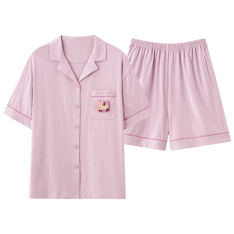 夏芬妍 简约柔软舒适纯色兔子贴袋纯棉翻领家居服透气亲肤宽松短袖短裤可外穿睡衣套装 男女同款