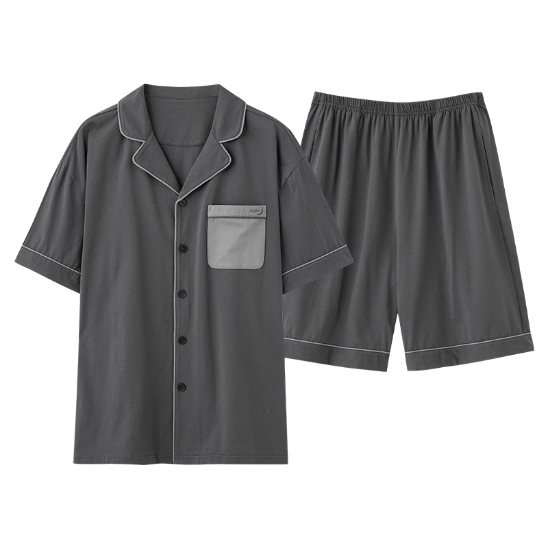 夏芬妍 简约舒适柔软纯色贴袋纯棉翻领家居服透气亲肤宽松短袖短裤可外穿睡衣套装 男女同款