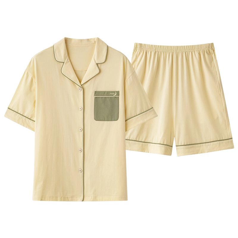 夏芬妍 简约柔软舒适纯色贴袋纯棉翻领家居服透气亲肤宽松短袖短裤可外穿睡衣套装 男女同款