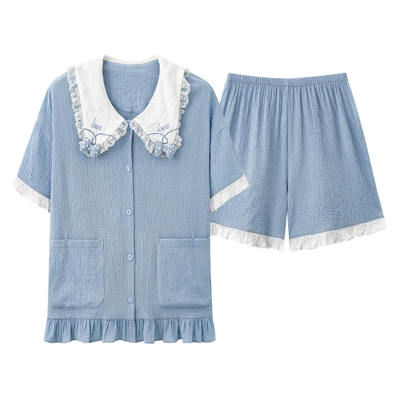 夏芬妍 甜美柔软舒适花边云朵棉公主翻领家居服亲肤休闲短袖短裤可外穿睡衣套装 女款 蓝色