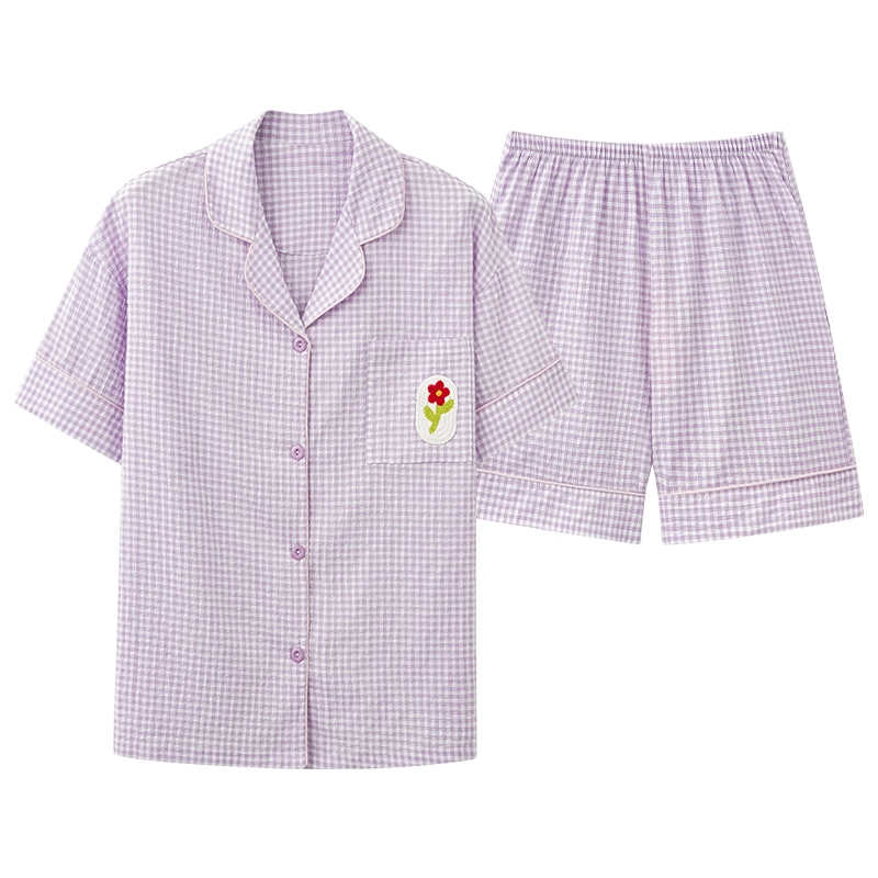 夏芬妍 甜美柔软舒适格子花朵云朵棉翻领家居服亲肤休闲短袖短裤可外穿睡衣套装 女款 紫色