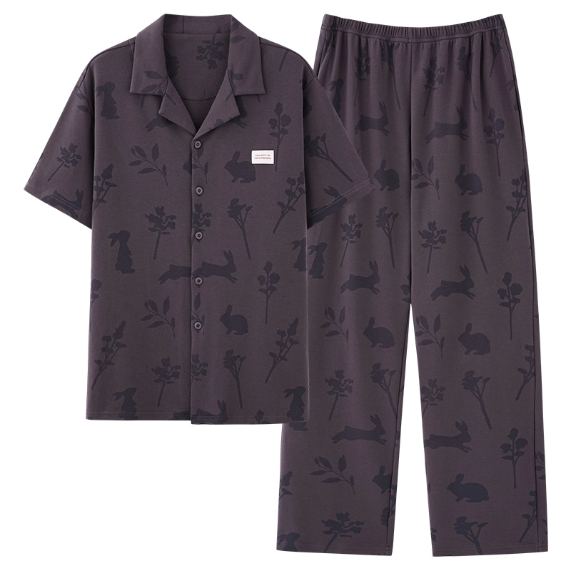 夏芬妍 简约时尚大方柔软舒适兔子花朵翻领家居服亲肤休闲短袖长裤可外穿睡衣套装 男款 棕色