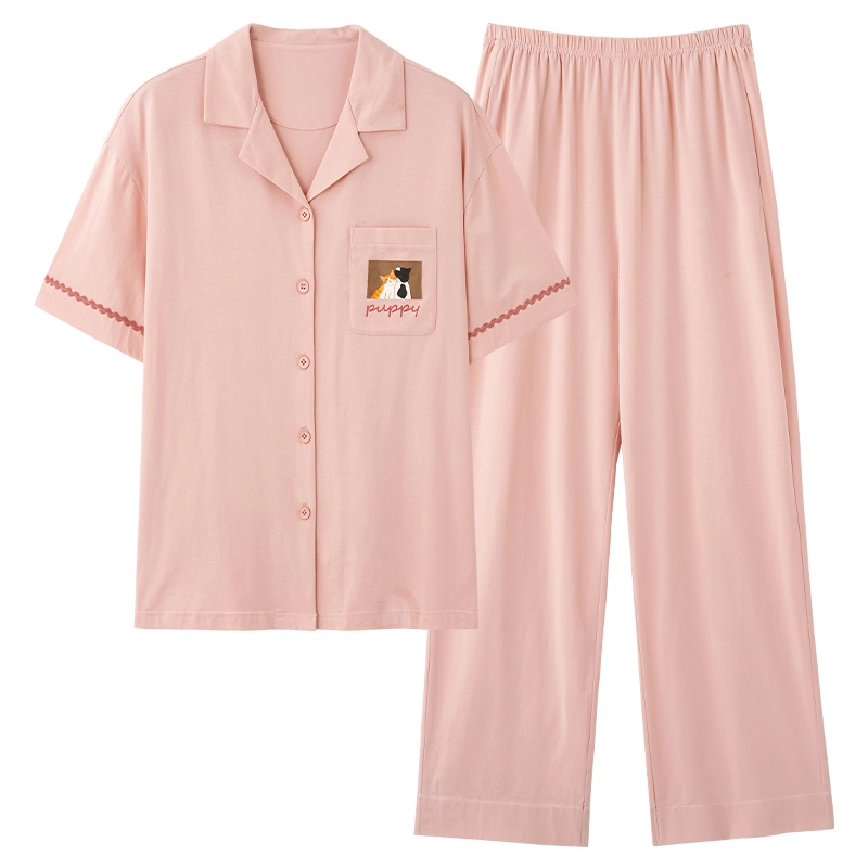 夏芬妍 简约时尚柔软舒适纯色可爱猫咪翻领家居服亲肤休闲短袖长裤可外穿睡衣套装 男女同款