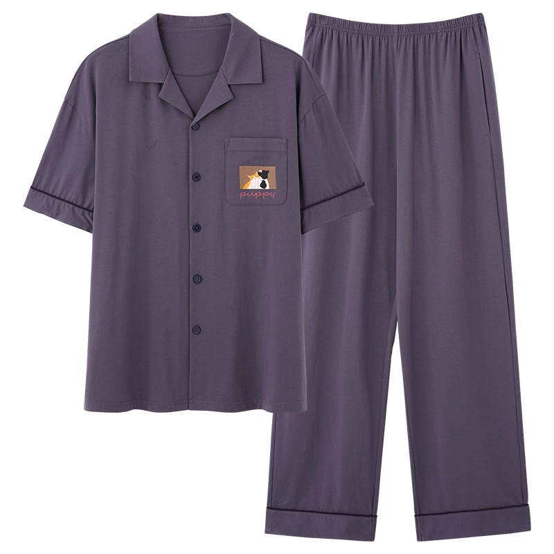 夏芬妍 简约时尚柔软舒适纯色可爱猫咪翻领家居服亲肤休闲短袖长裤可外穿睡衣套装 男女同款