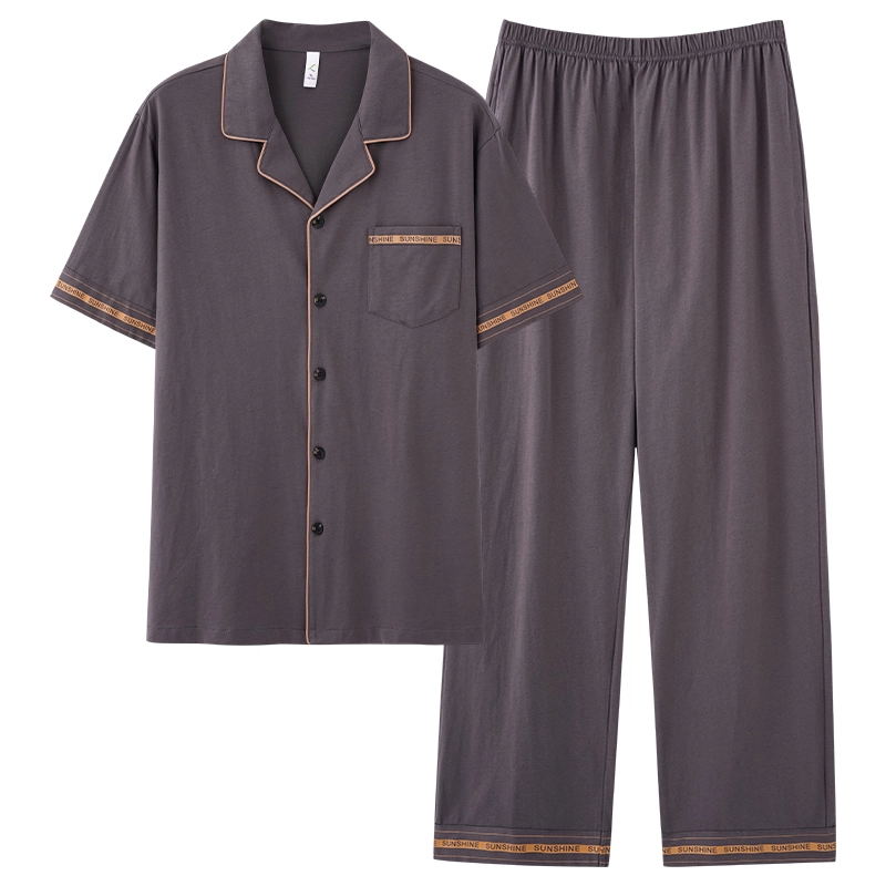 夏芬妍 简约时尚大方柔软舒适纯色字母边翻领家居服亲肤休闲短袖长裤可外穿睡衣套装 男款