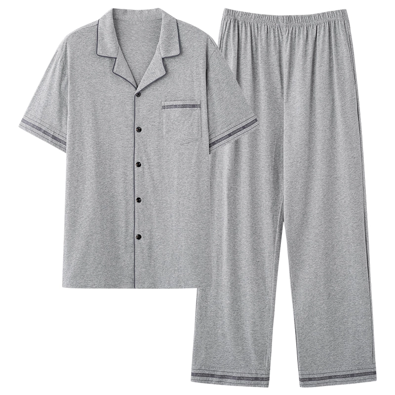 夏芬妍 简约时尚大方柔软舒适纯色字母边翻领家居服亲肤休闲短袖长裤可外穿睡衣套装 男款