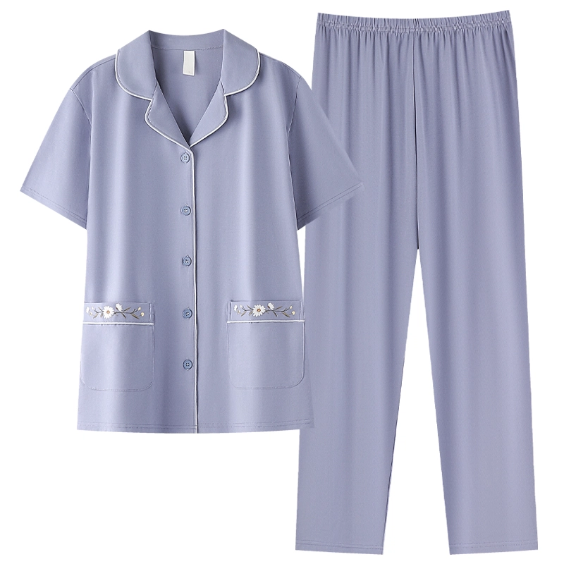 夏芬妍 简约时尚柔软舒适纯色气质绣花翻领家居服亲肤休闲短袖长裤可外穿睡衣套装 女款