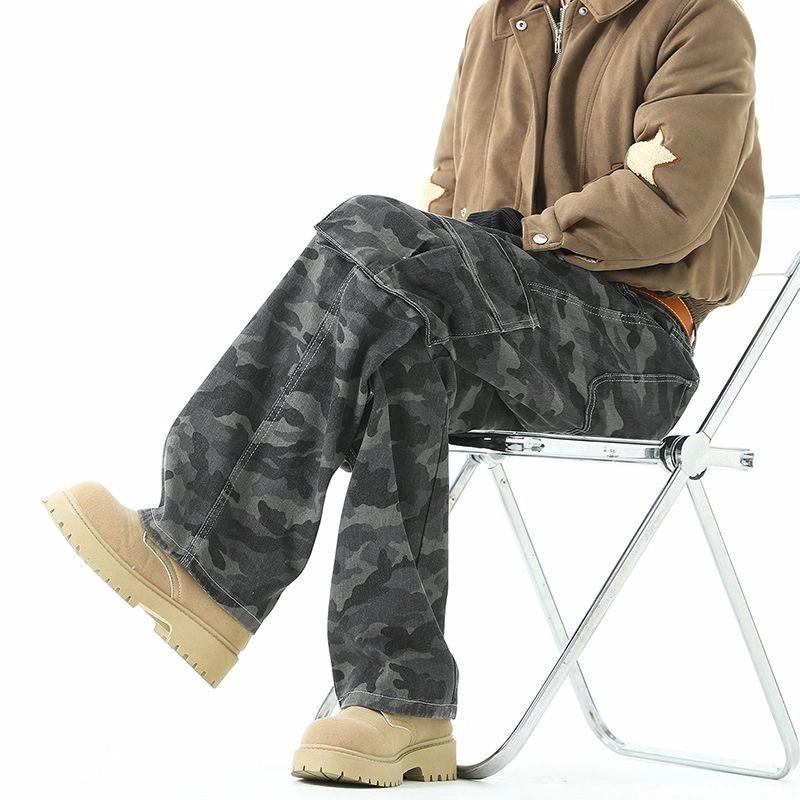 人本 休闲潮流百搭宽松牛仔裤 男女同款 迷彩灰