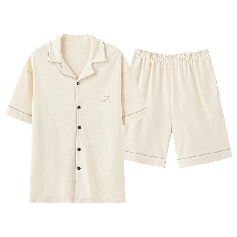 夏芬妍 简约舒适柔软高级感纯色纯棉翻领开衫家居服亲肤休闲短袖短裤时尚可外穿睡衣套装 男款 杏色