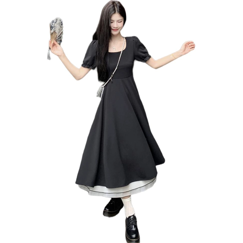 思蓓儿 法式赫本风高级感中长裙收腰显瘦裙子短袖连衣裙 女款 黑色