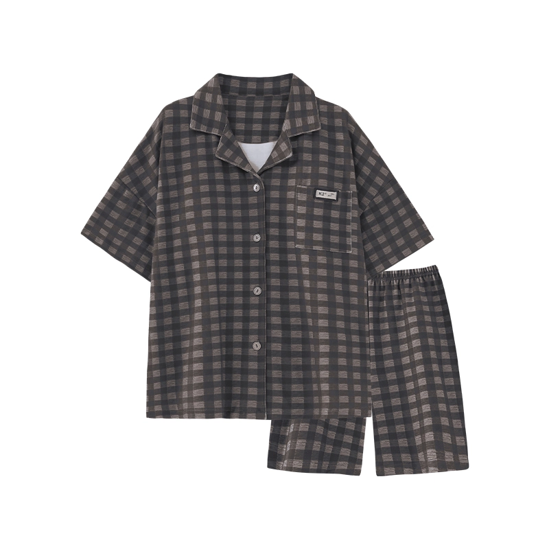 夏芬妍 柔软舒适休闲格子翻领开衫短袖亲肤时尚可外穿家居服睡衣套装 男女同款 灰棕色