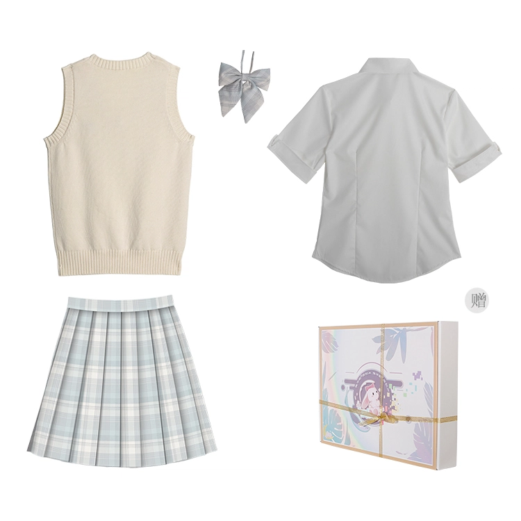 兔半眠 学院风甜妹马甲翻领衬衫短袖浅格裙制服 女款 套装（奶杏马甲+短袖修身衬衫+月见裙子）