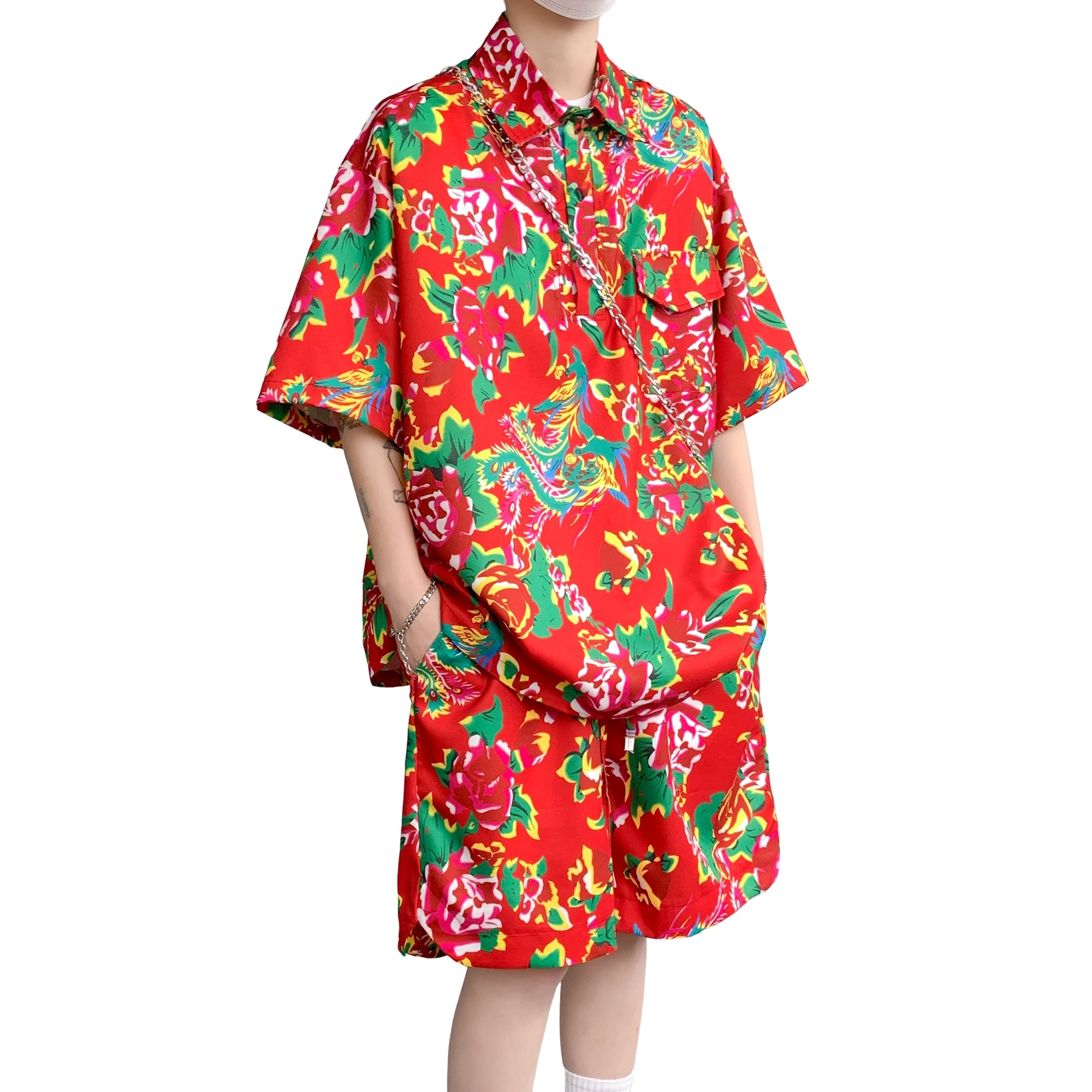 零氏 东北大花风格痞帅速干服饰衣大码宽松薄款五分裤痞帅翻领短袖休闲运动套装 男女同款