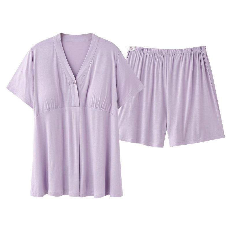 细舍 月子服带胸垫短袖上衣家居服三分裤睡衣套装 女款 标准色
