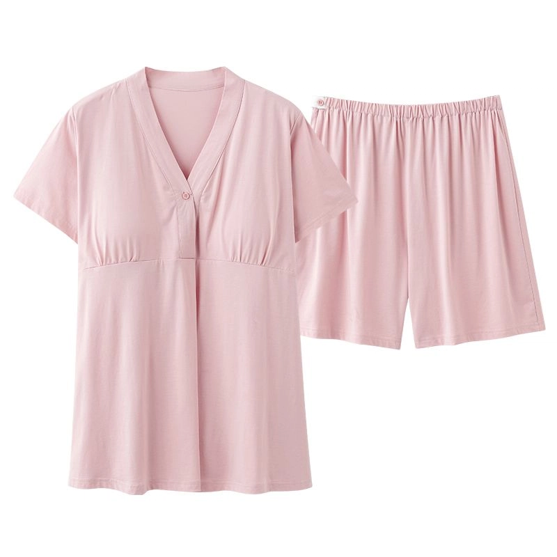 细舍 月子服带胸垫产后哺乳透气短袖上衣家居服三分裤睡衣套装 女款 标准色