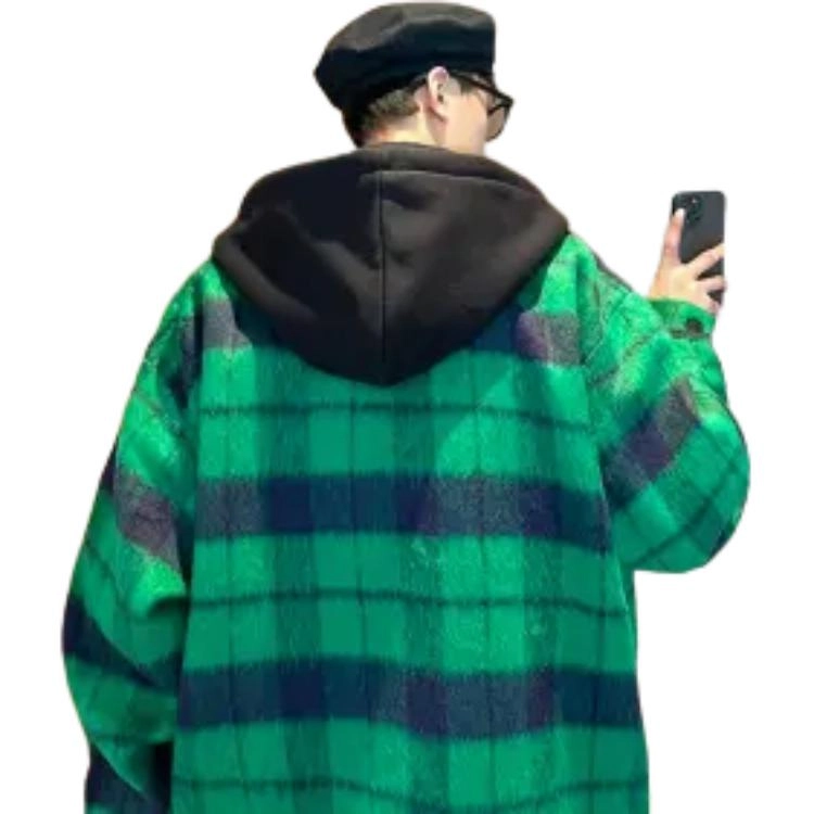 悍戈 美式高街复古时尚高级简约设计感连帽毛绒格子外套拉链绒感百搭柔软舒适长袖大衣慵懒风常规款宽松休闲风加厚呢子衣夹克 男女同款