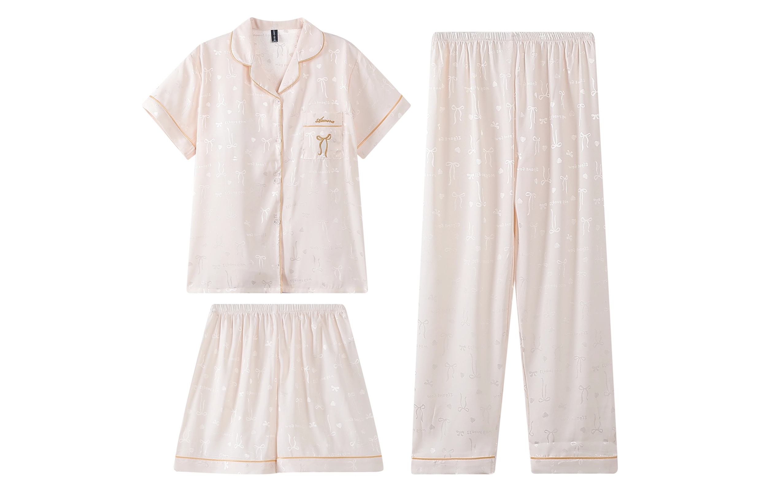 夏芬妍 简约休闲高级感蝴蝶结冰丝翻领带胸垫家居服舒适亲肤宽松短袖三件套可外穿睡衣套装 女款 杏色