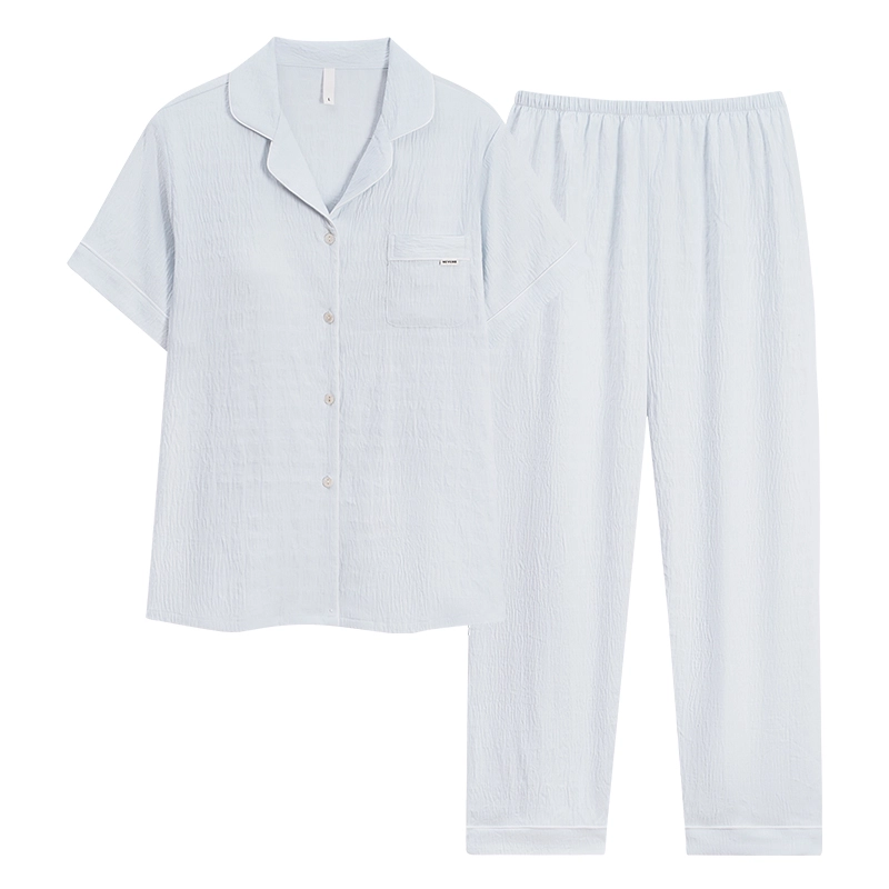 夏芬妍 柔软舒适纯色云朵棉时尚翻领开衫家居服休闲亲肤可外穿短袖长裤睡衣套装 男女同款