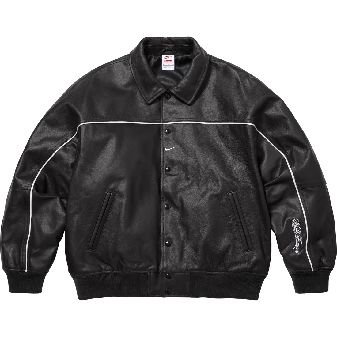 Supreme x Nike SS25 WEEK4 Leather Varsity Jacket logo