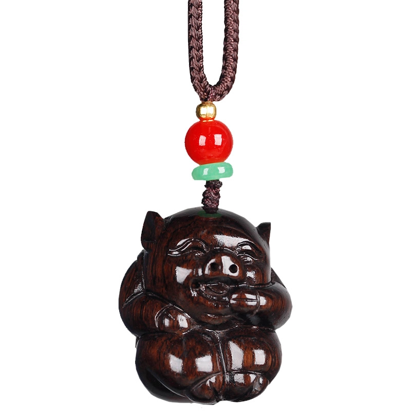 工匠一族 手工雕刻精致可爱小猪创意福气猪猪汽车 紫光檀 项链 男女同款情侣款
