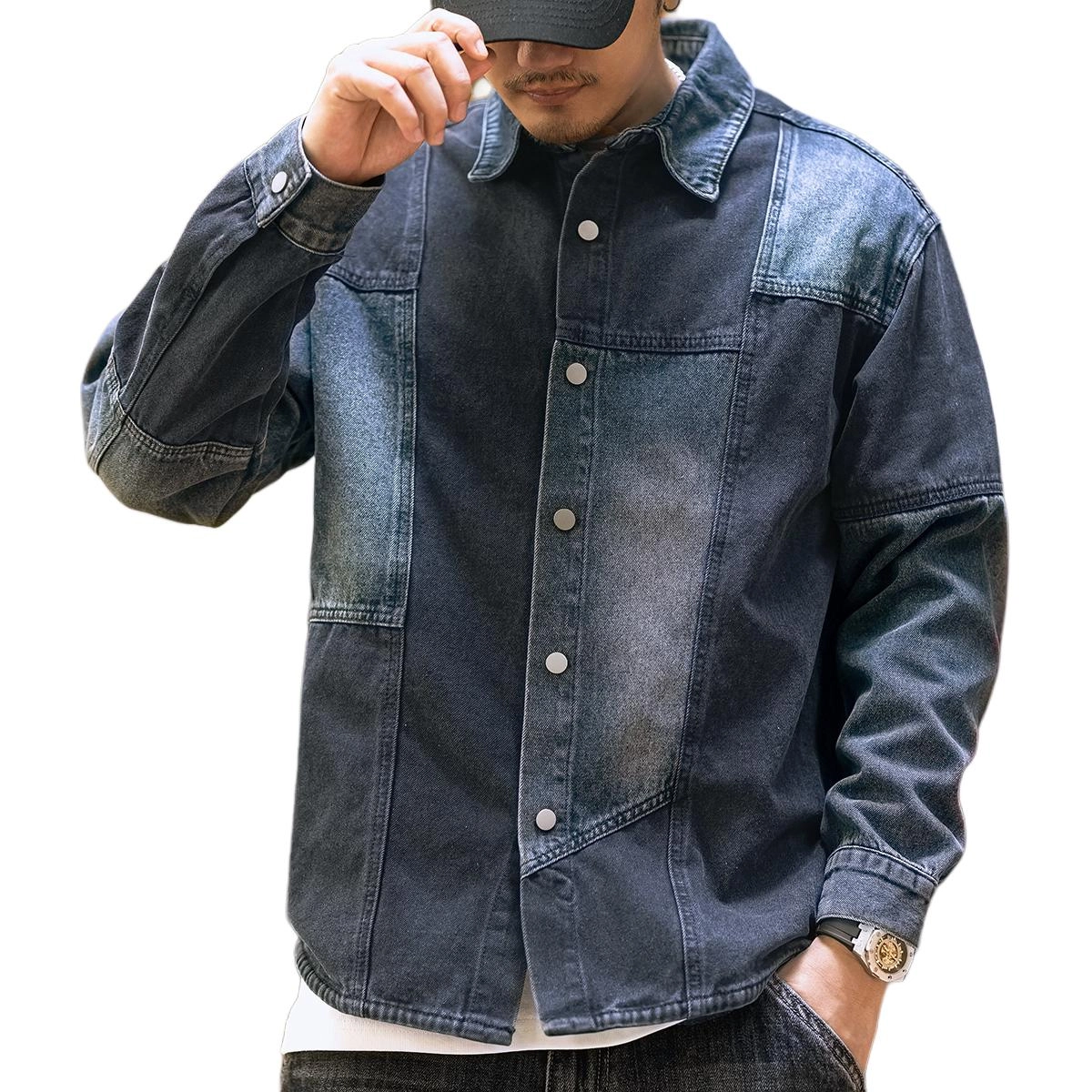 格蓝鹿 美式复古拼接宽松大码牛仔长袖衬衫 男款