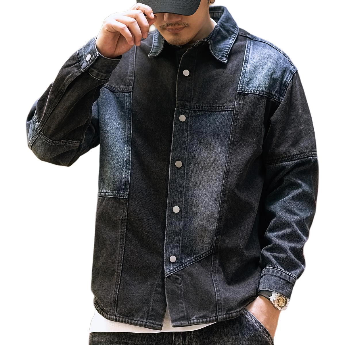 格蓝鹿 美式复古拼接宽松大码牛仔长袖衬衫 男款