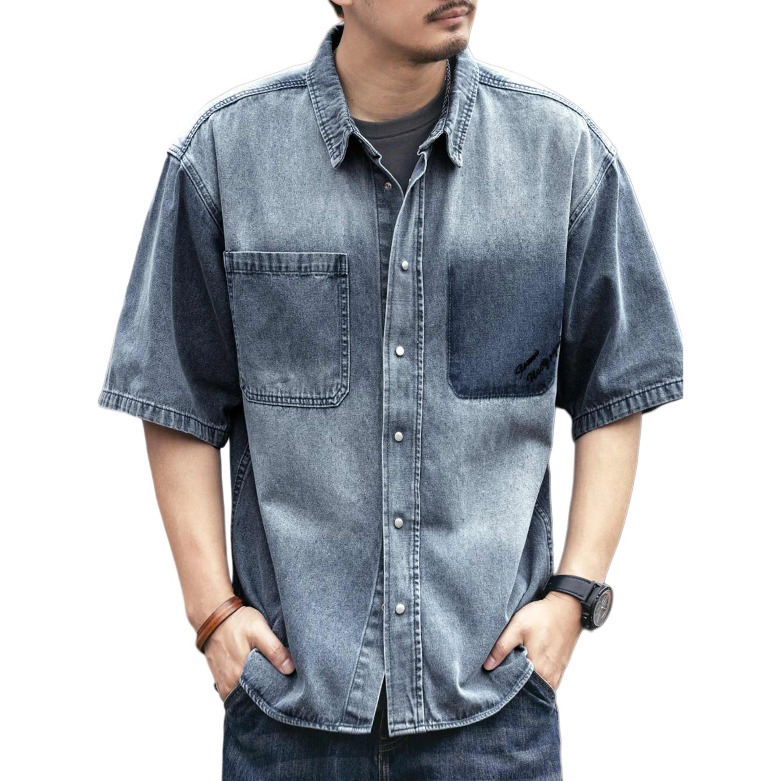 格蓝鹿 宽松休闲欧美简约尖领短袖衬衫 男款 浅蓝