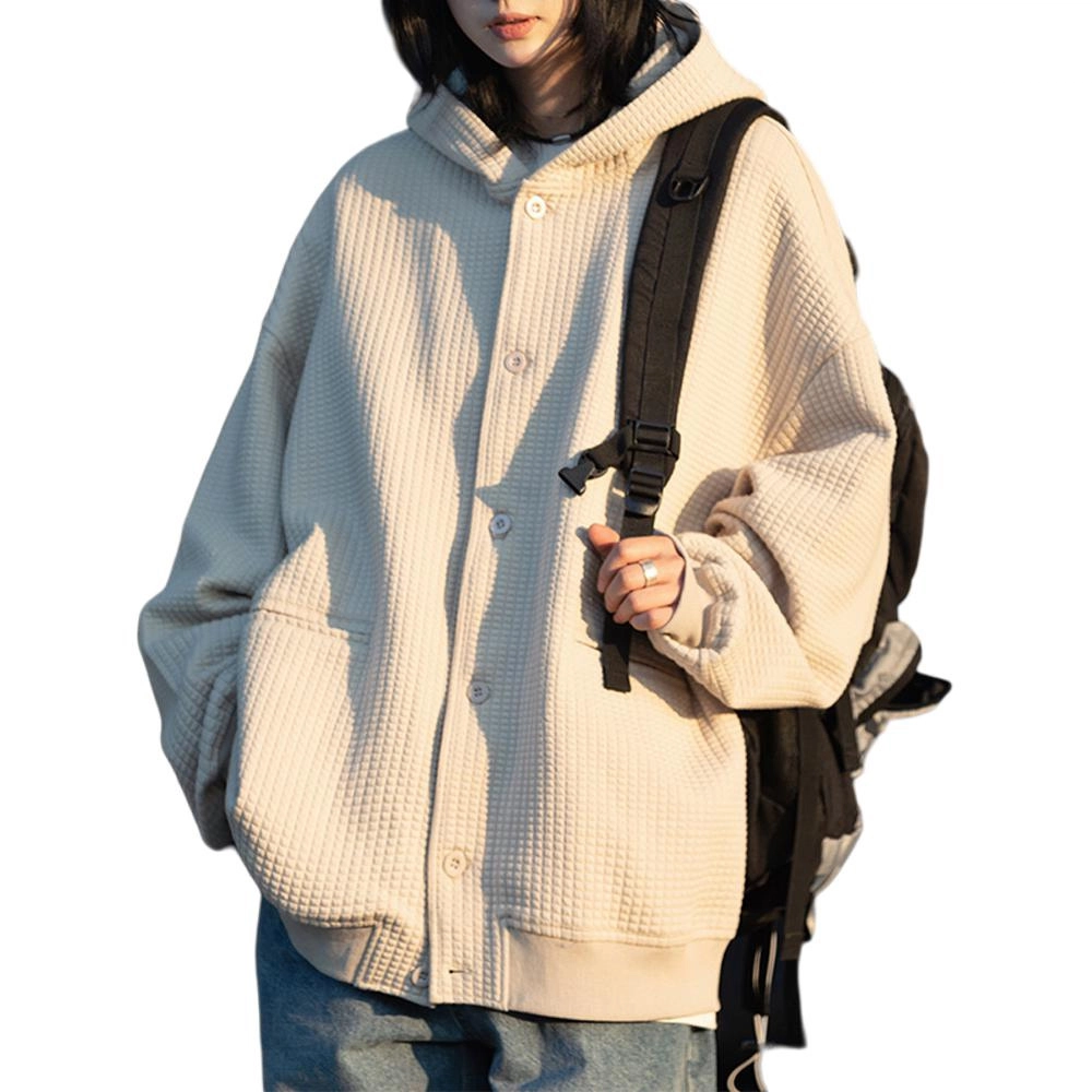 寻星记 华夫格慵懒风美式日系复古连帽开衫宽松百搭舒适外套卫衣 男女同款