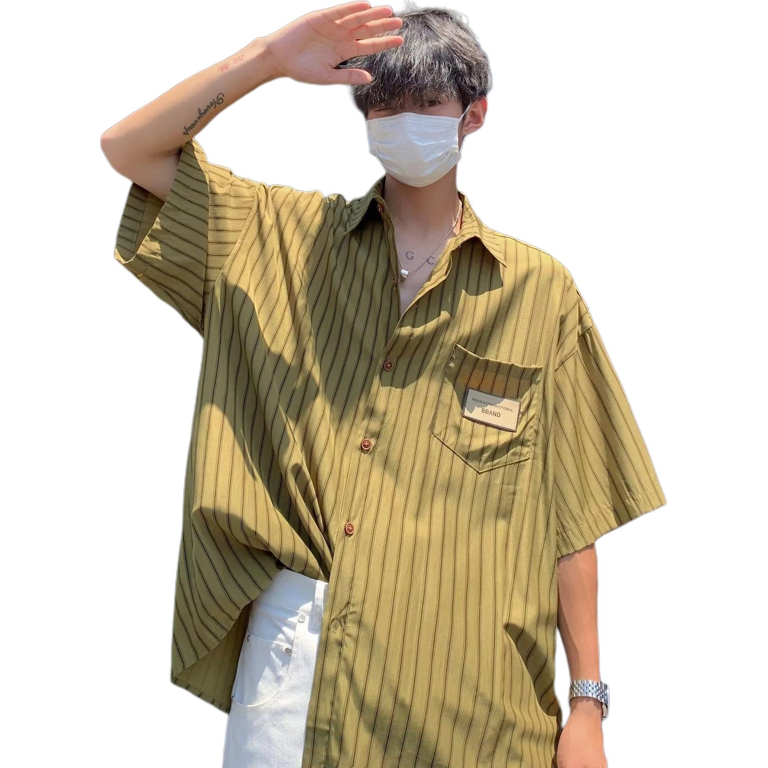 物质公式 日系复古条纹口袋翻领无休闲宽松透气基础款时尚百搭小衫短袖衬衫 男女同款