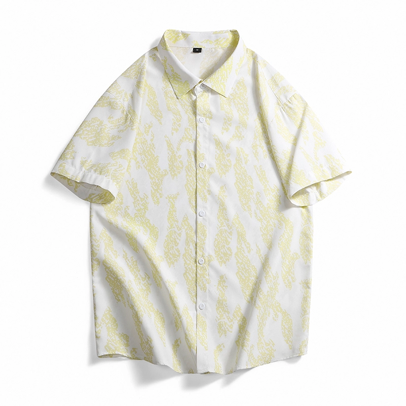 袋鼠 美式复古痞帅暗纹宽松衬衣冰丝凉感夏威夷翻领休闲短袖衬衫 男女同款