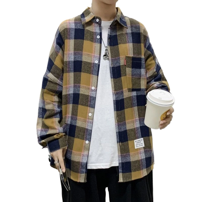 玉儿恋 翻领格子宽松薄款韩版长袖衬衫 男款