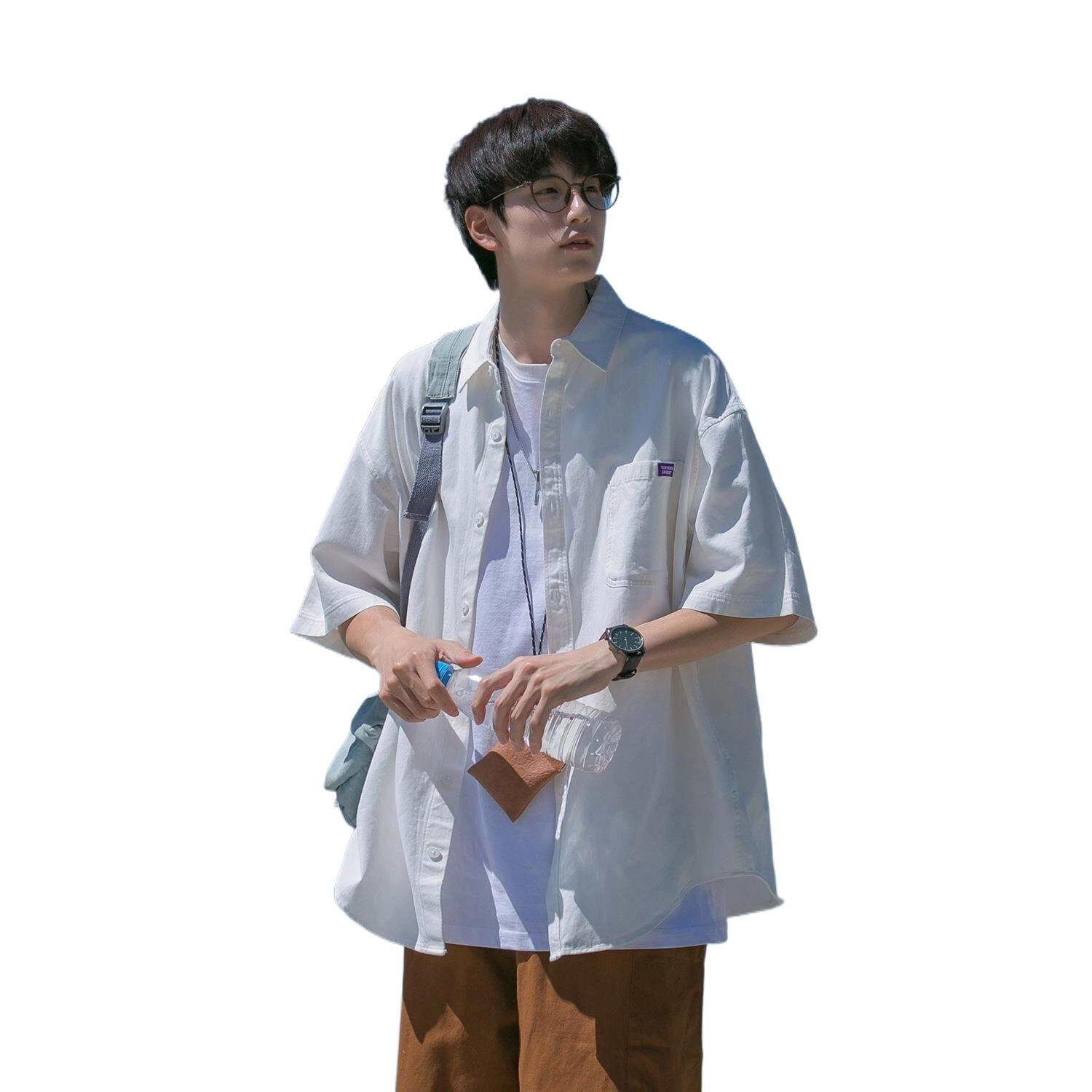玉儿恋 纯色设计休闲港风翻领落肩宽松纽扣短袖衬衫 男款