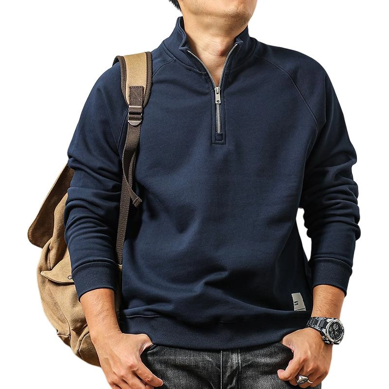 季言 套头立领潮牌复古纯色长袖卫衣 男款
