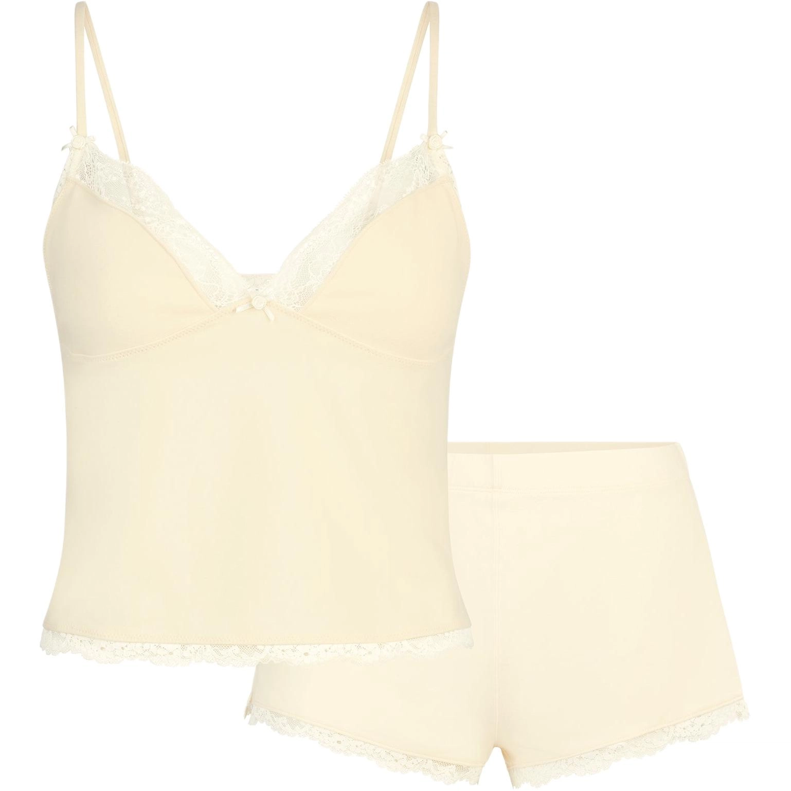 SKIMS SS25 COTTON JERSEY LACE CAMI AND SHORT SET BUTTER