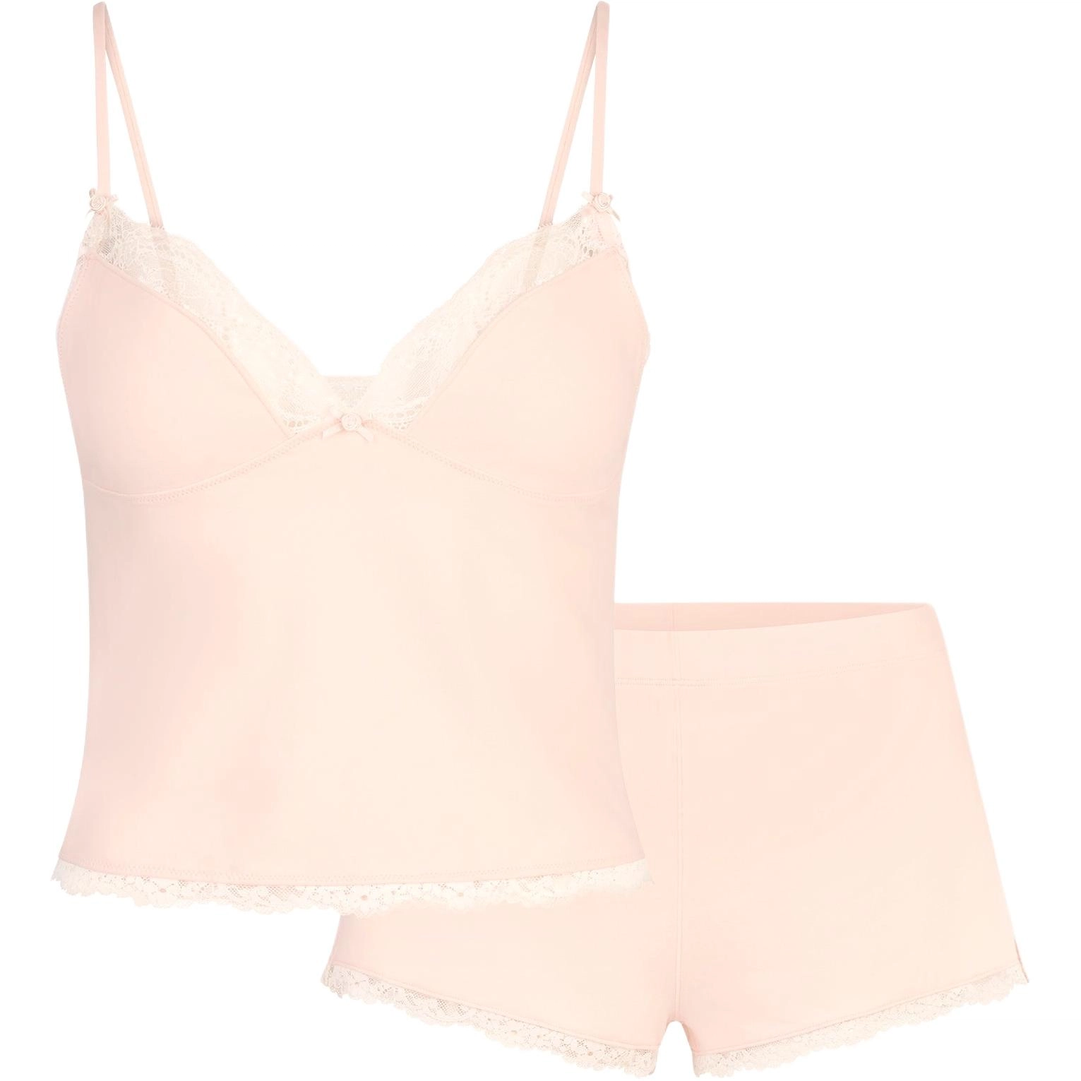 SKIMS SS25 COTTON JERSEY LACE CAMI AND SHORT SET PRIMROSE