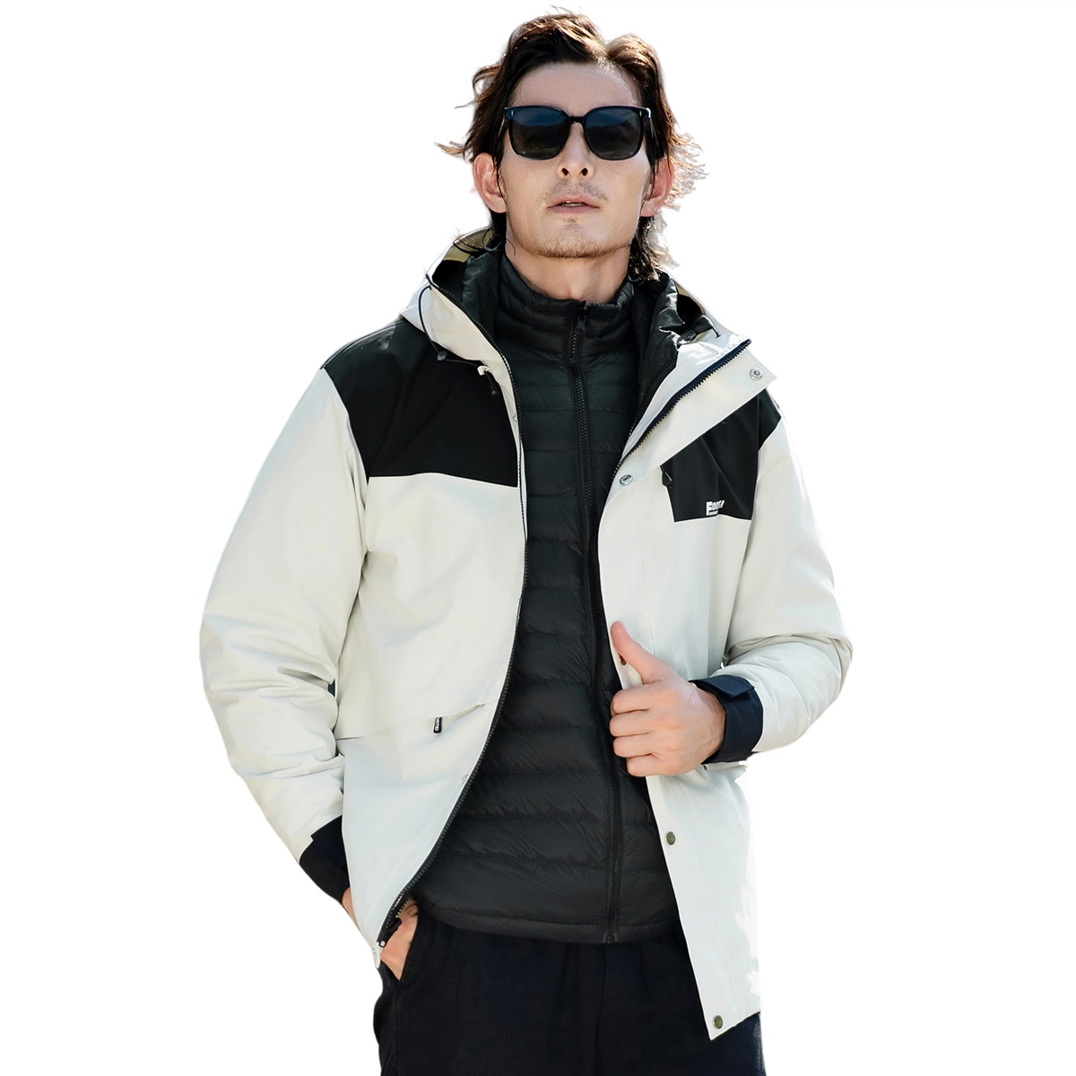 富铤 三合一 美式复古拼色户外山系防风保暖连帽夹克外套 男款 白+黑