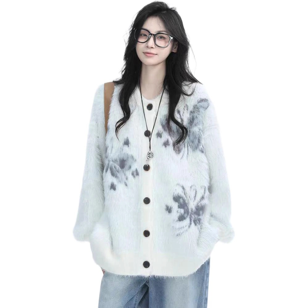 玉儿恋 美式复古蝴蝶提花圆领设计感开衫时尚纯色宽松百搭长袖针织衫 男女同款 黑色