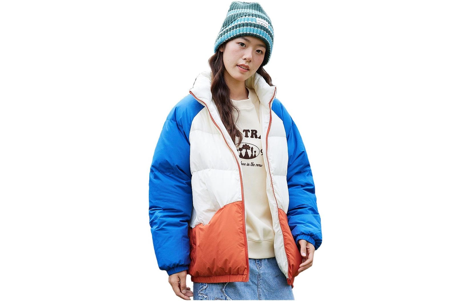 美特斯邦威 撞色拼接无帽立领时尚羽绒服 男女同款