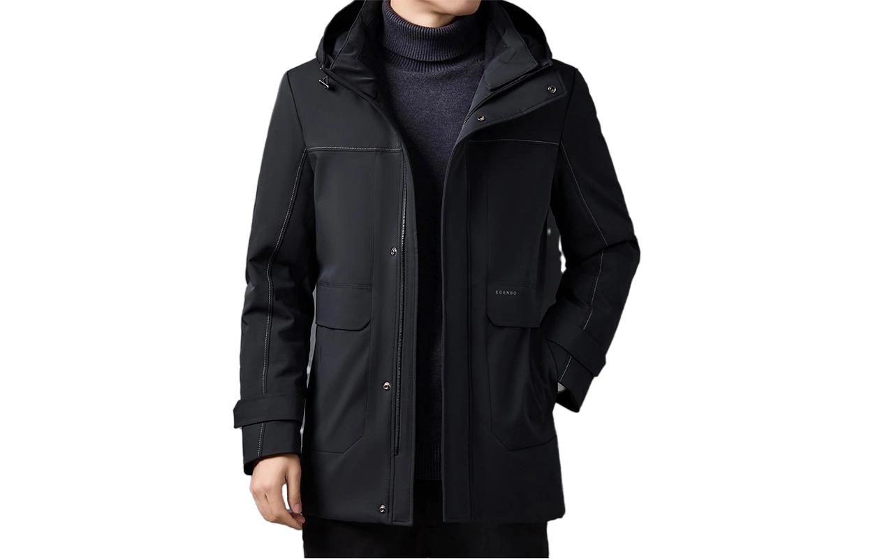 爱登堡 拉链连帽拼接剪裁中长款羽绒服 男款 黑色