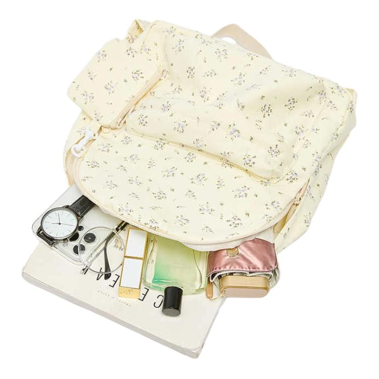三福 碎花图案清新 帆布 双肩包 中号 女款 米白紫花/杏色