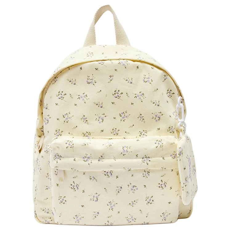 三福 碎花图案清新 帆布 双肩包 中号 女款 米白紫花/杏色