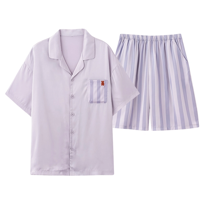 俏薇妮 柔软简约可爱时尚高级感短袖翻领家居服舒适透气休闲凉感可外穿睡衣套装 男款 浅紫色