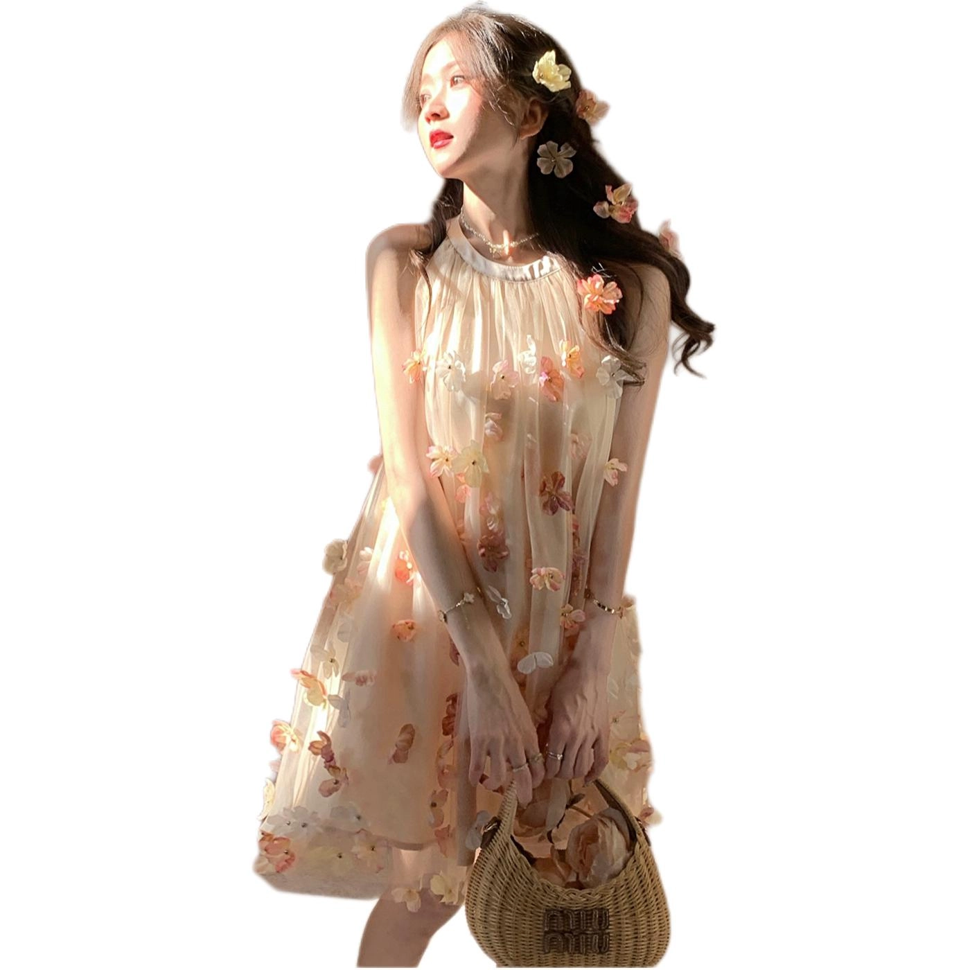 沐晓欣 绝美花朵法式挂脖裙夏小个子生日公主裙子无袖连衣裙 女款 粉色