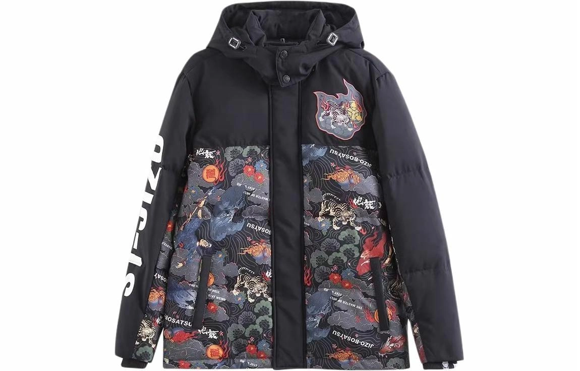 鬼洗 印花图案连帽长袖羽绒服 男款 黑色